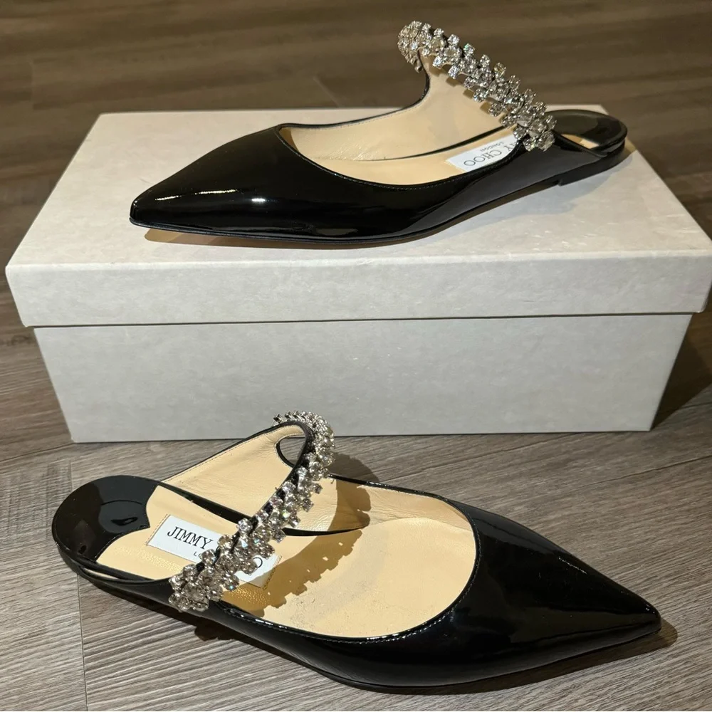 Jimmy Choo Bing Black Patent Leather Crystal Embellished Strap Flats